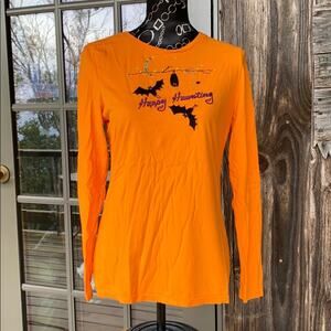 Orange "Happy Haunting"‎ Cotton Knit Long Sleeve Halloween T-Shirt